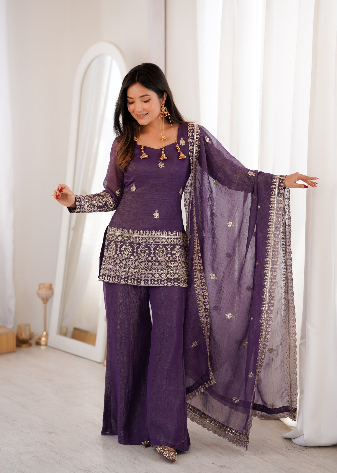 Embroidered Crunchy Silk Kurta Set