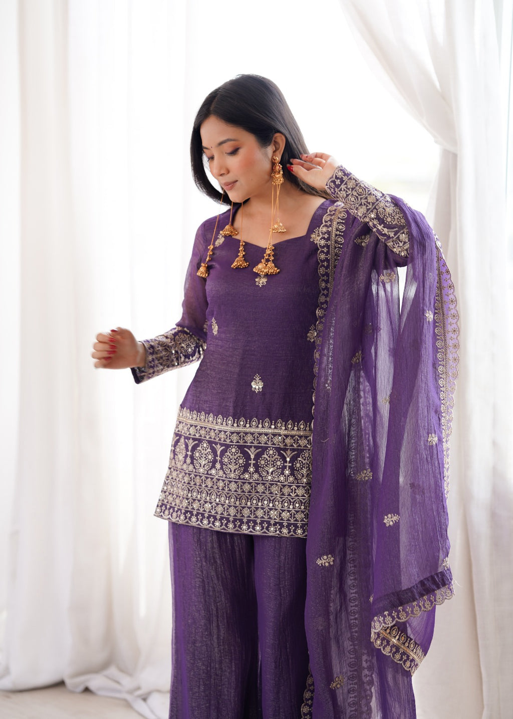 Embroidered Crunchy Silk Kurta Set