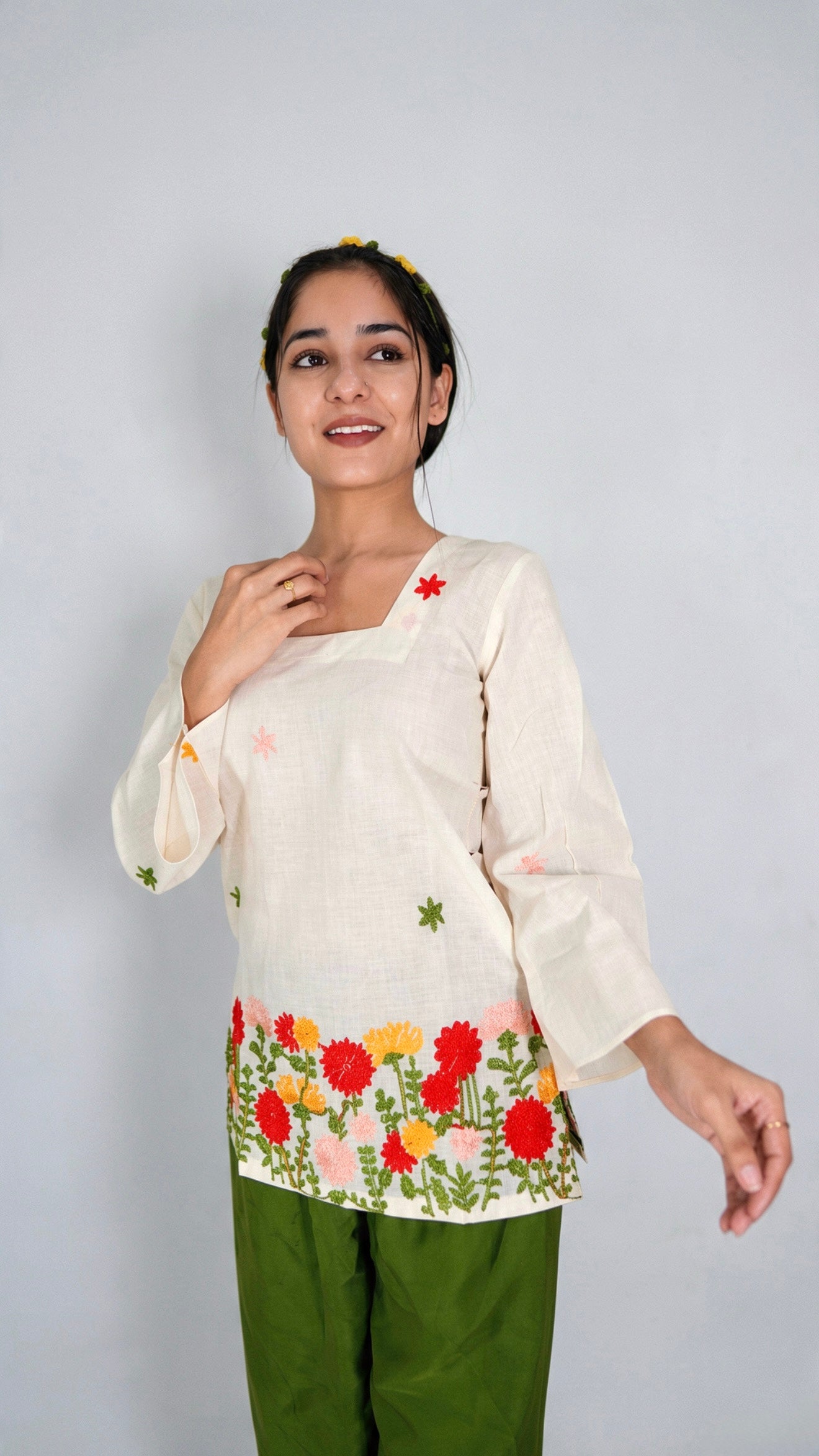 Embroidered Floral Kora Cotton Kurti