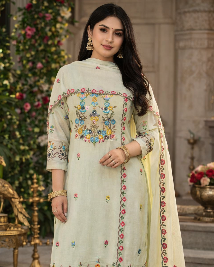 Woman in a traditional outfit with floral embroidery in a decorated indoor setting