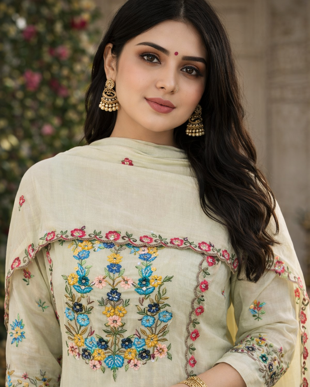 Woman wearing a light green embroidered traditional outfit with a floral design.