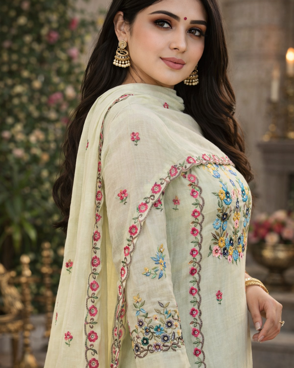 Woman wearing a light green embroidered traditional outfit with a floral background
