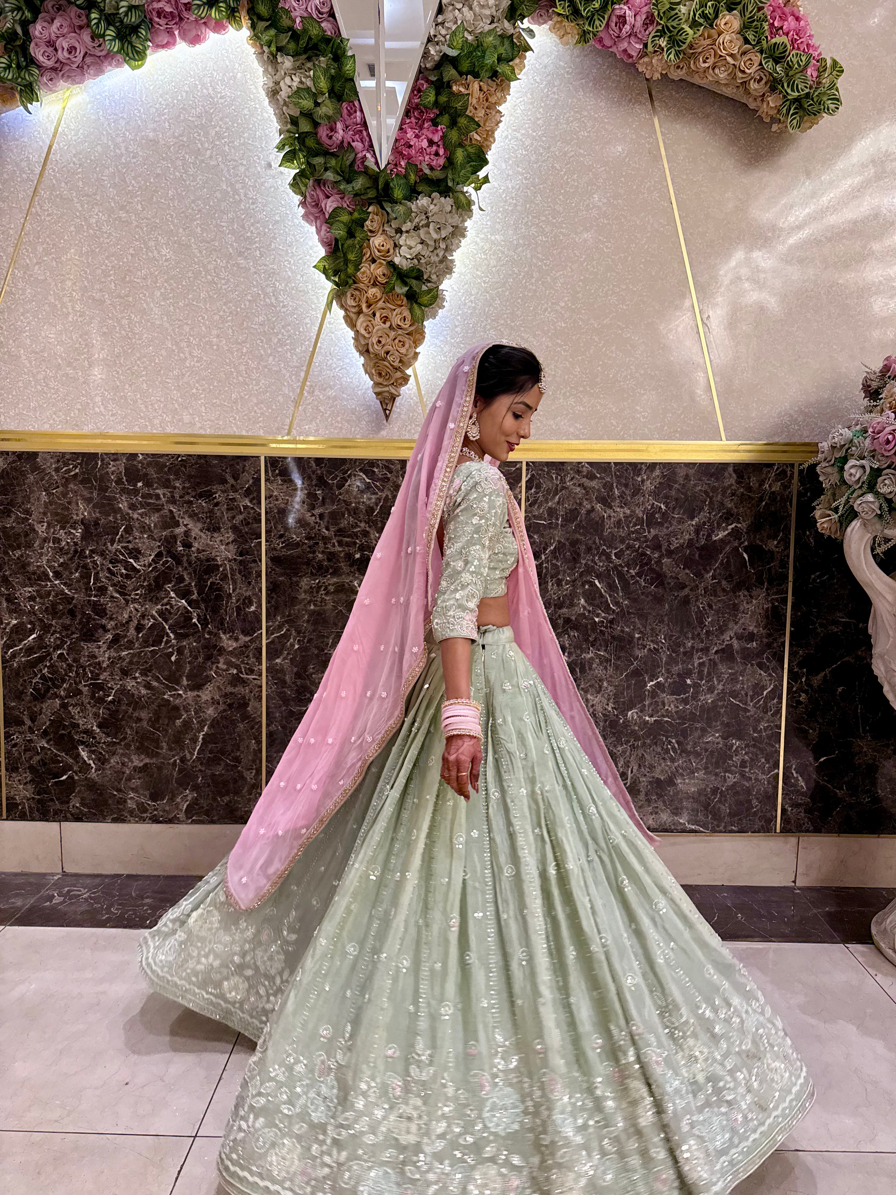 Pastel Radiance – Hand-Embellished Pista Green &amp; Pink Lehenga Set