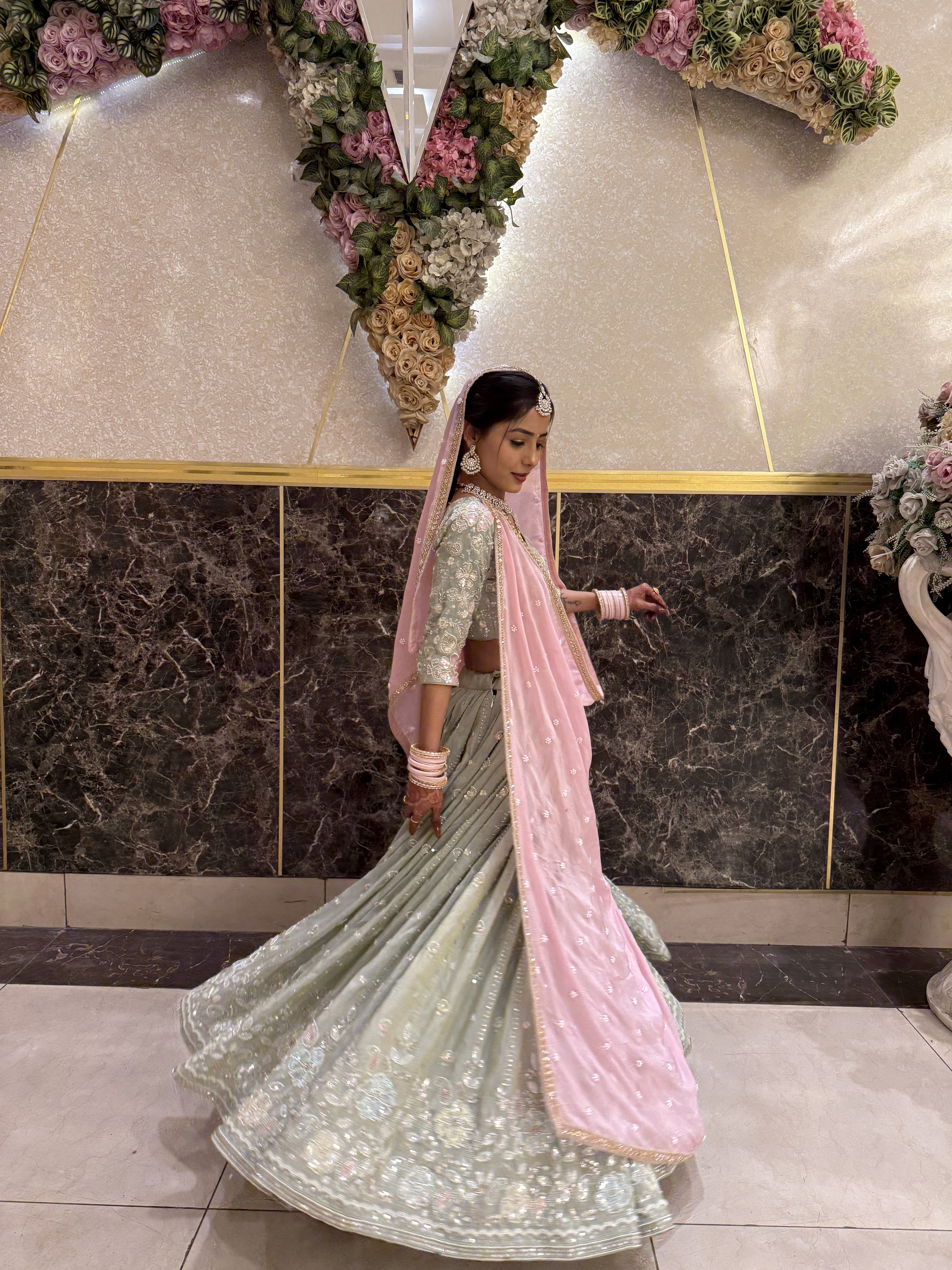 Pastel Radiance – Hand-Embellished Pista Green &amp; Pink Lehenga Set