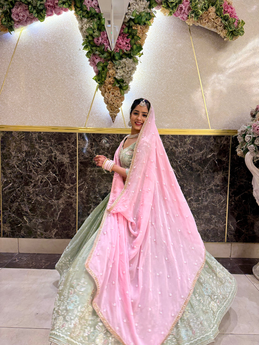 Pastel Radiance – Hand-Embellished Pista Green &amp; Pink Lehenga Set