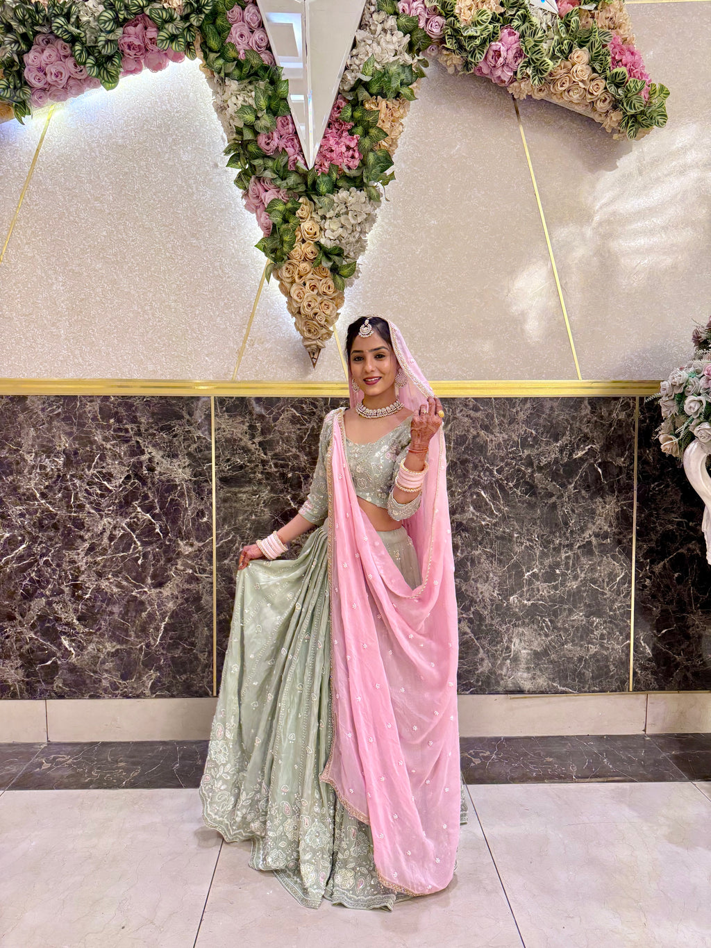 Pastel Radiance – Hand-Embellished Pista Green &amp; Pink Lehenga Set