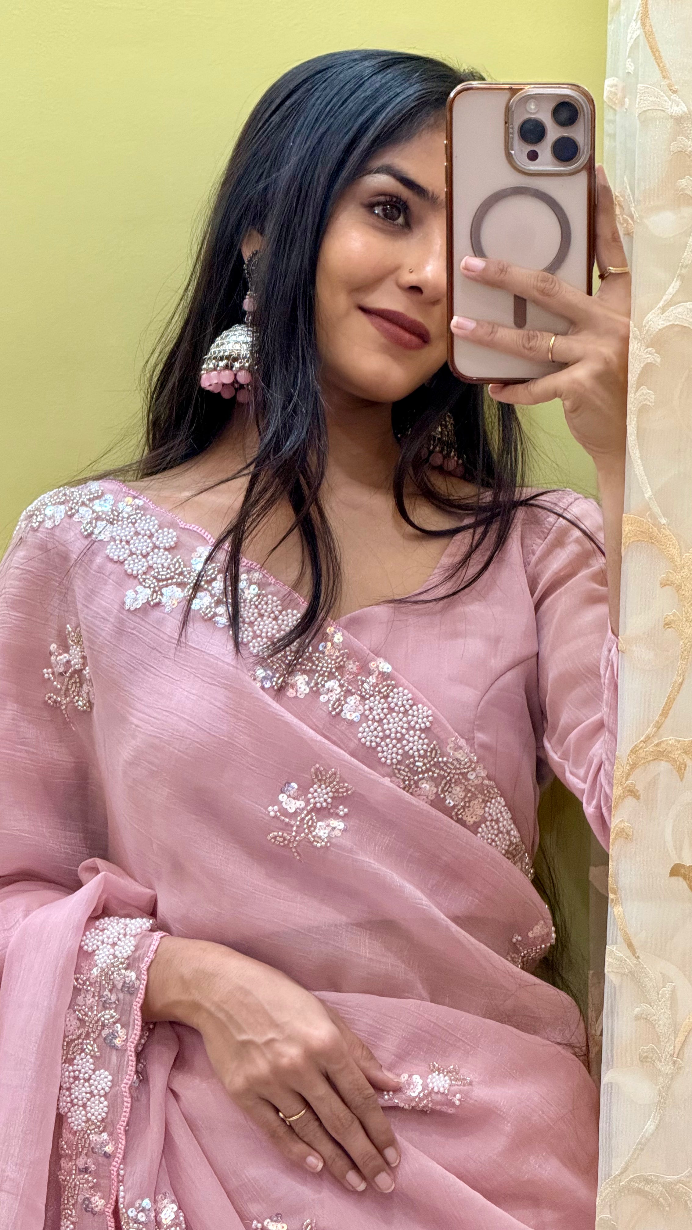 The Pearl Blossom Baby Pink Chiffon Handwork Saree