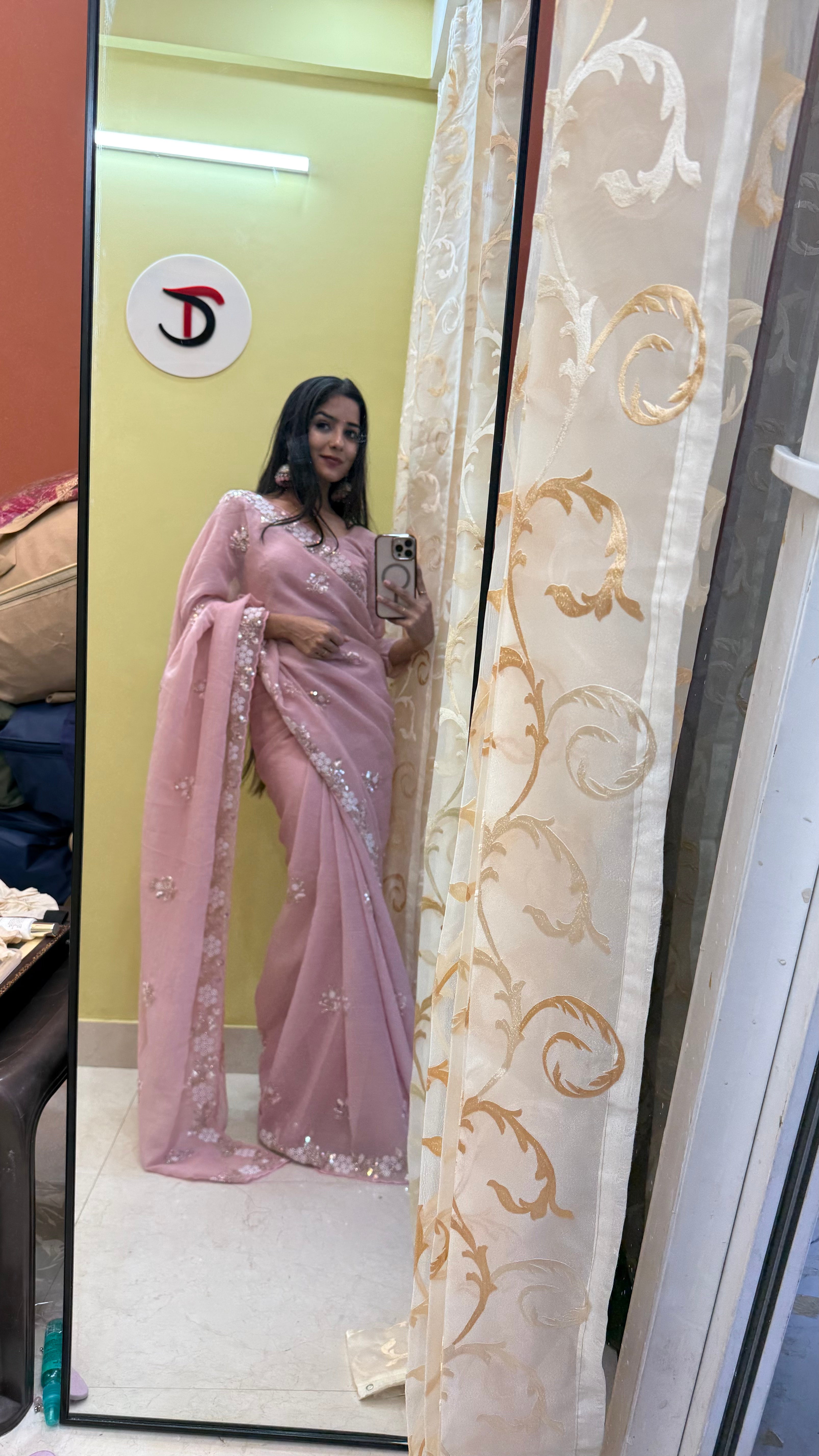 The Pearl Blossom Baby Pink Chiffon Handwork Saree