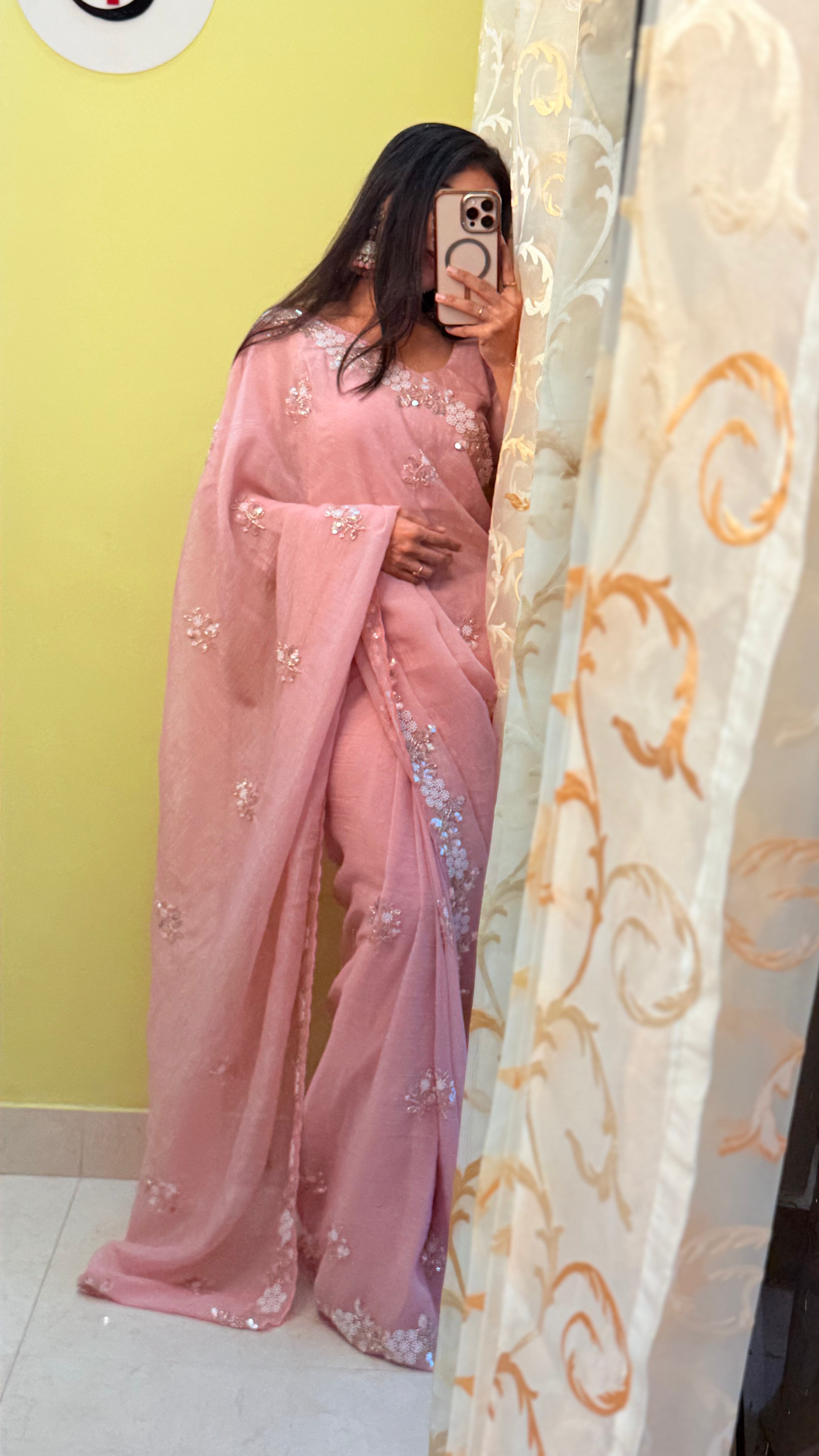 The Pearl Blossom Baby Pink Chiffon Handwork Saree