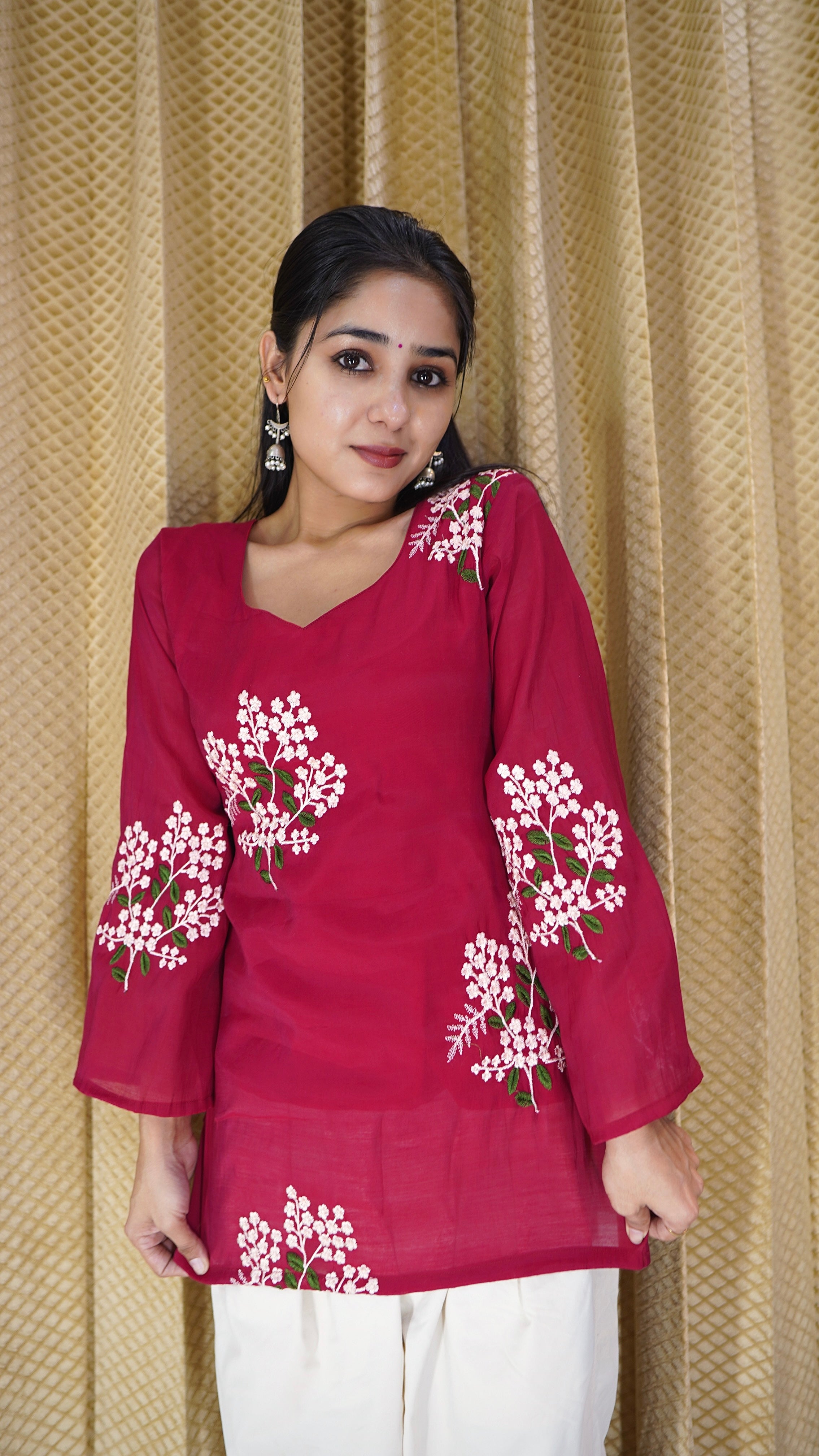 Elegant Chanderi Silk Thread-Work Kurti