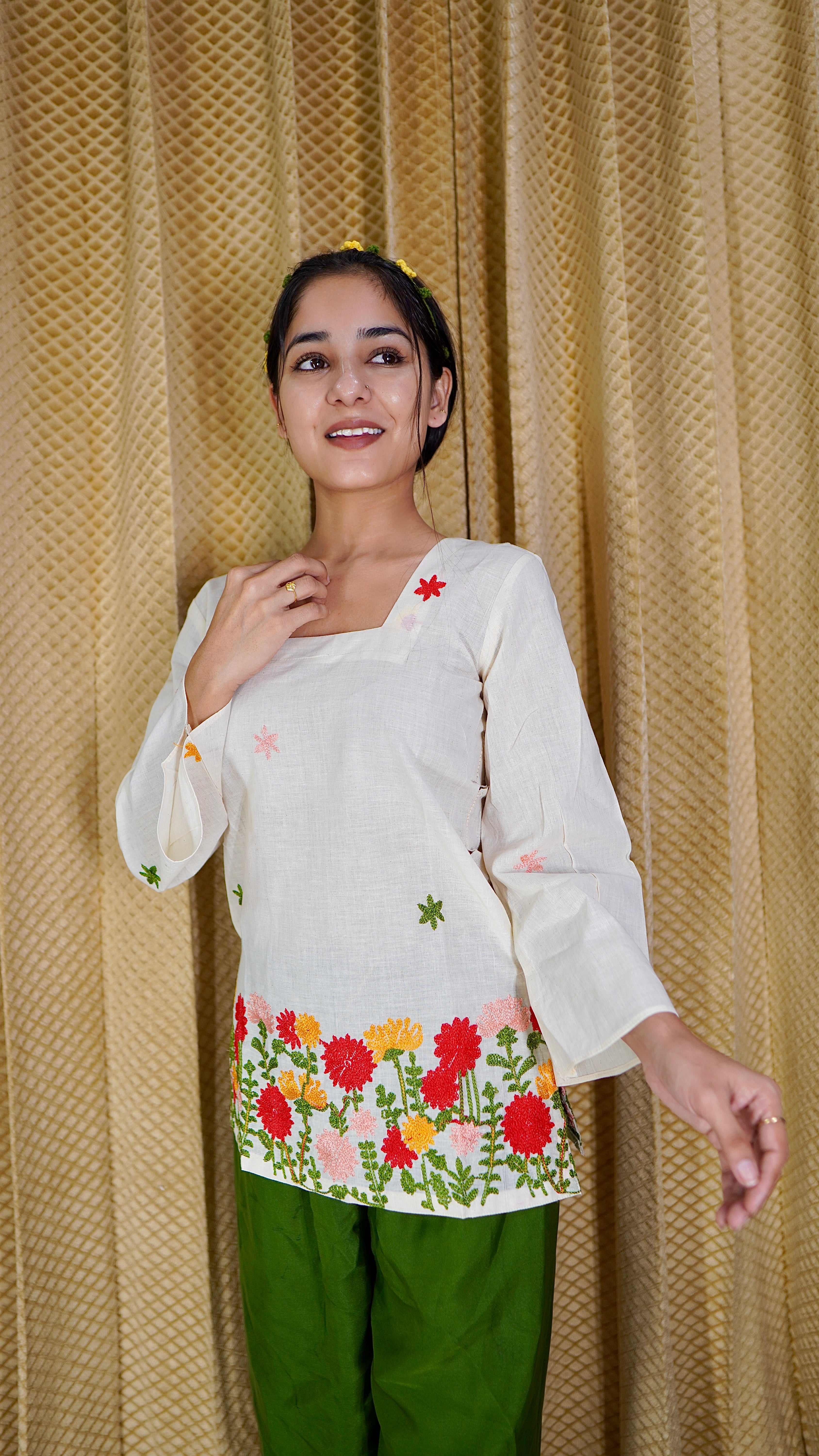 Embroidered Floral Kora Cotton Kurti