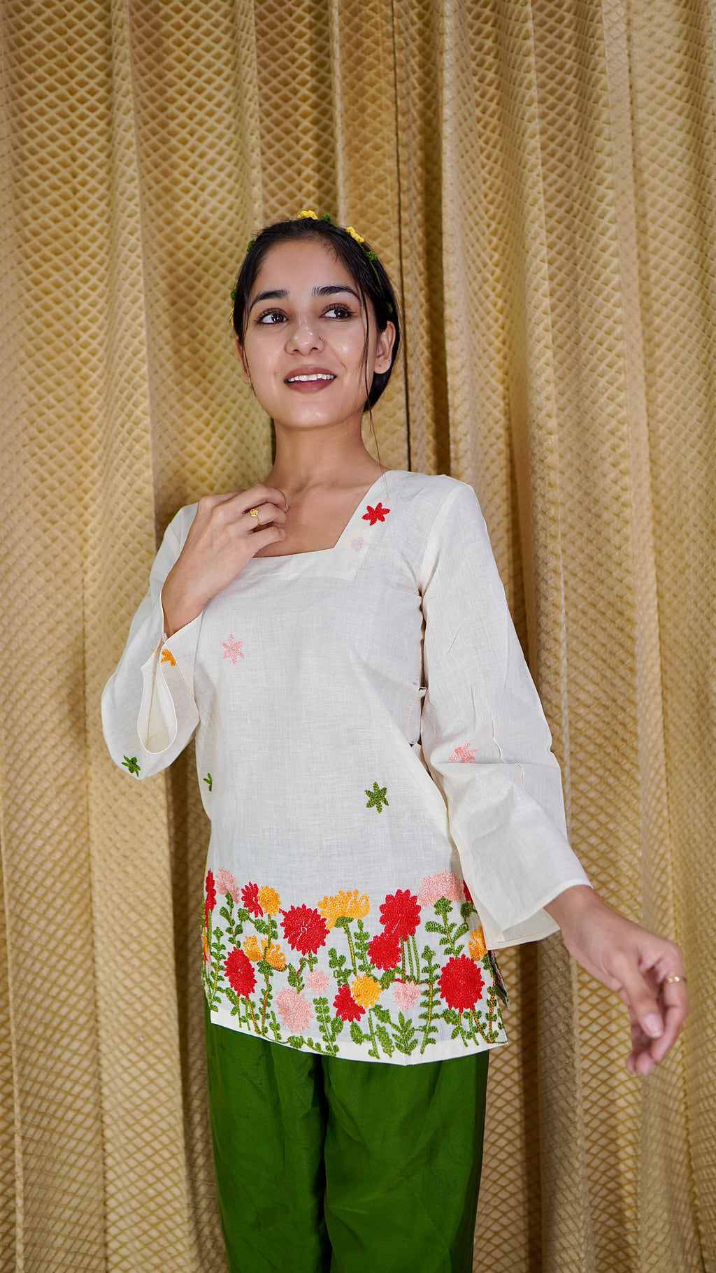Embroidered Floral Kora Cotton Kurti