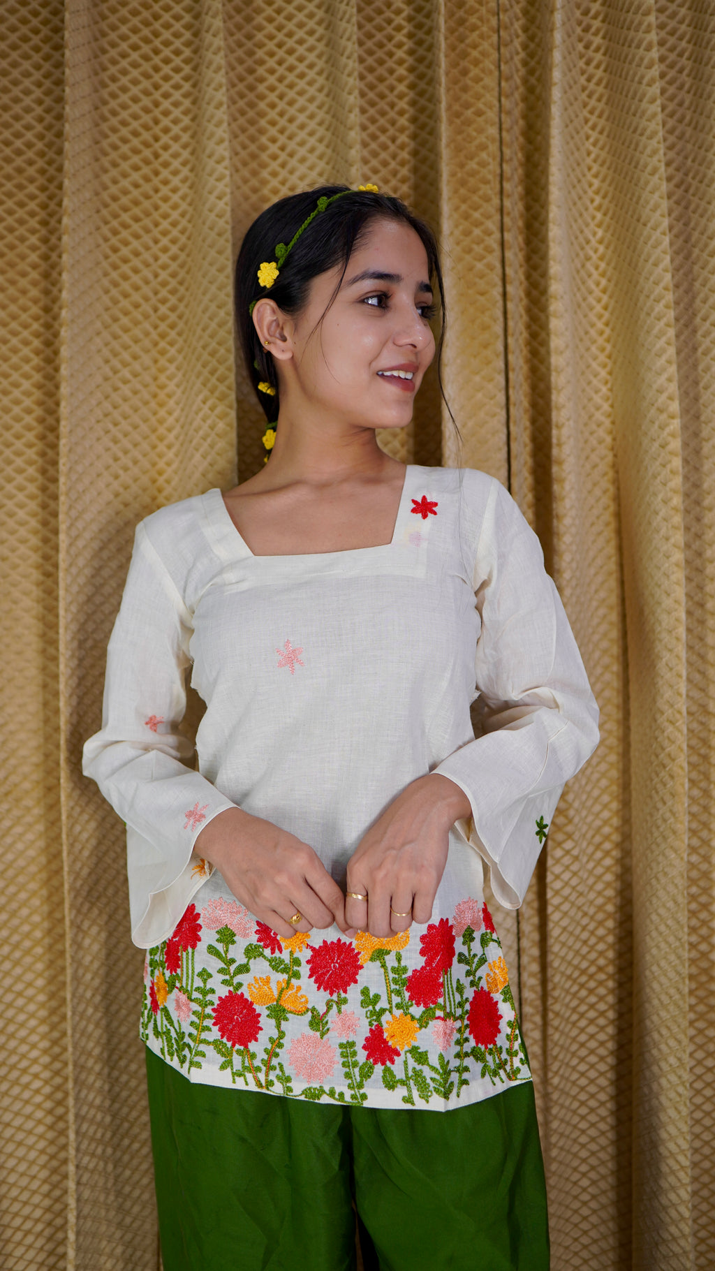 Embroidered Floral Kora Cotton Kurti