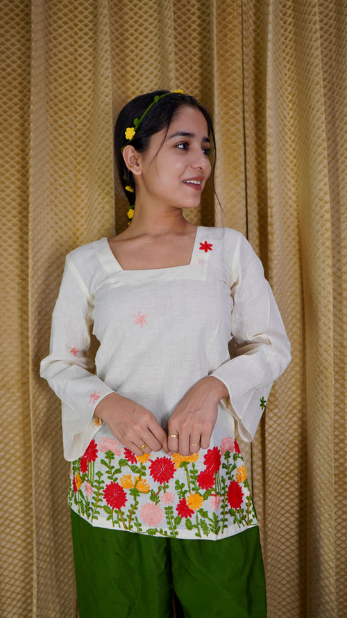 Embroidered Floral Kora Cotton Kurti