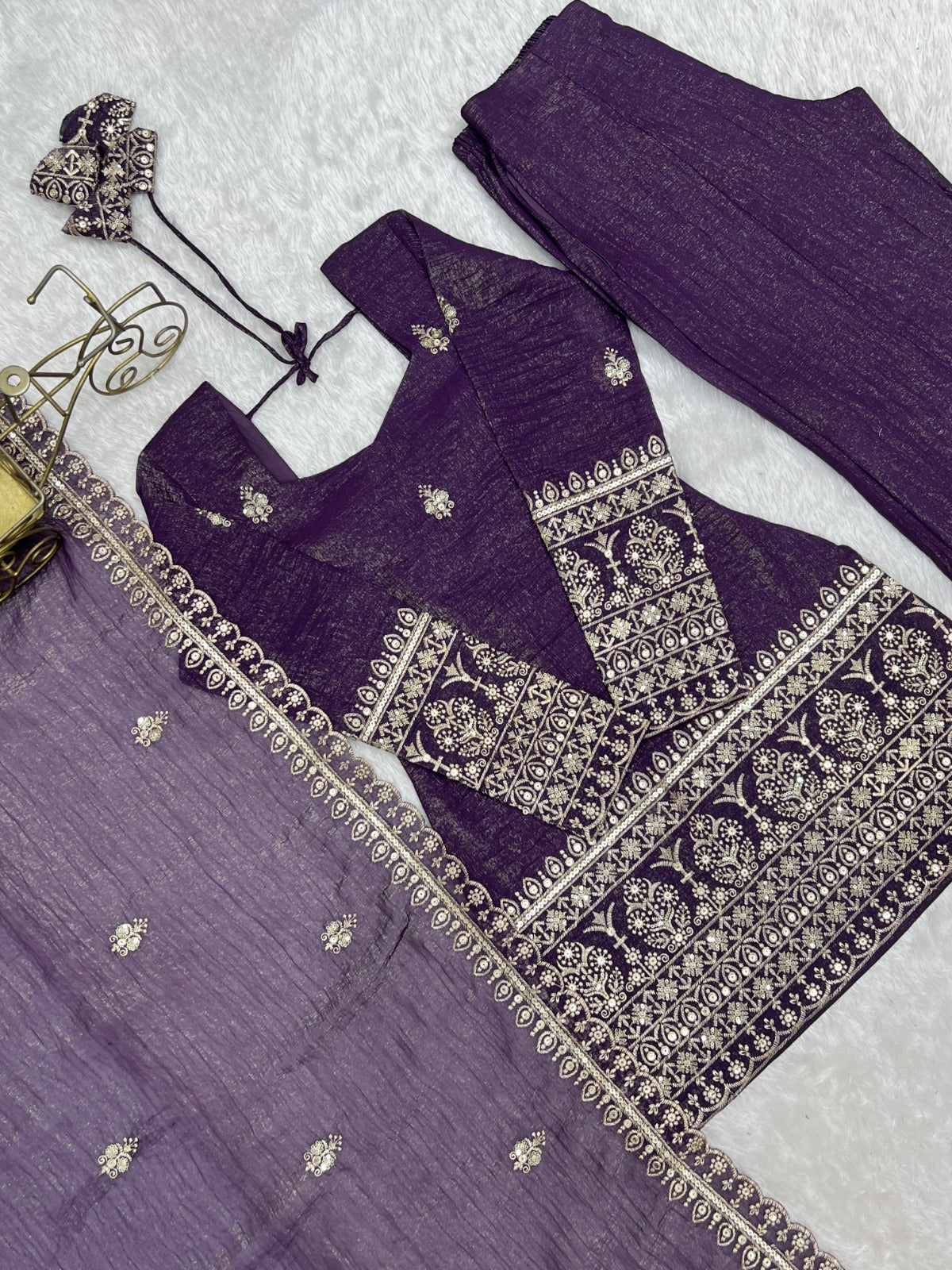 Embroidered Crunchy Silk Kurta Set