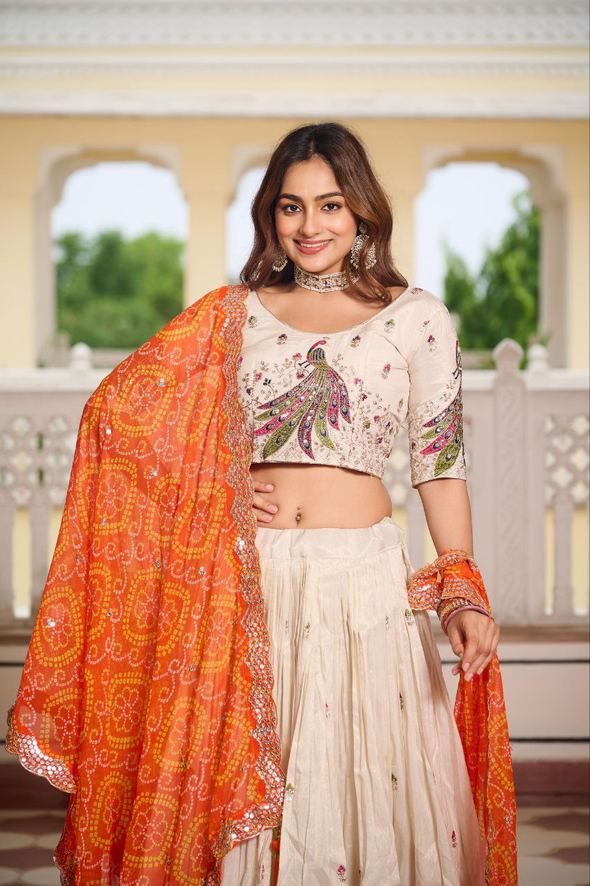 Pure Tissue Silk &amp; Bandhej Lehenga Set