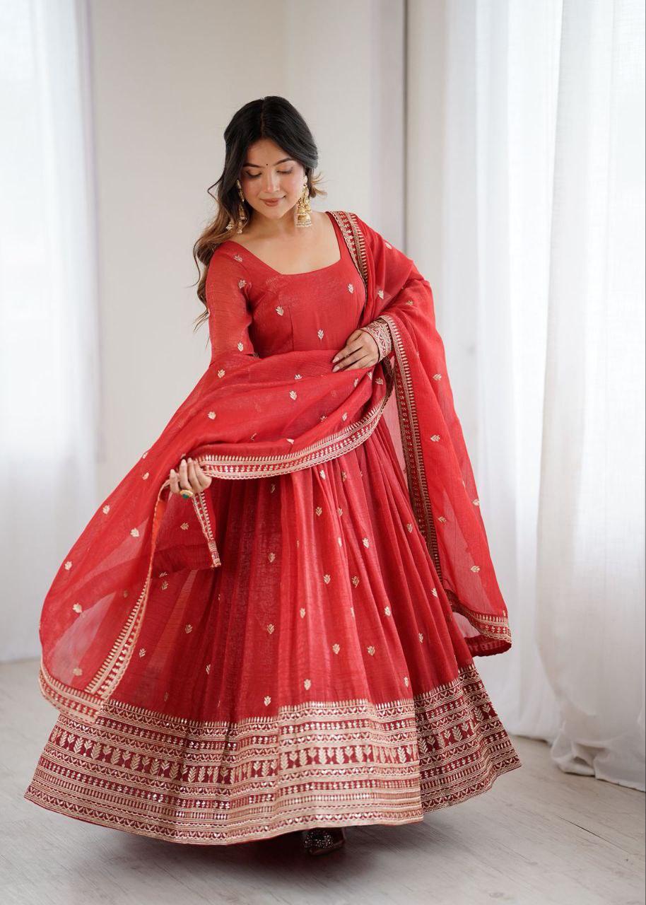 Vibrant &amp; Premium: Crunchy Silk Anarkali Gown Set