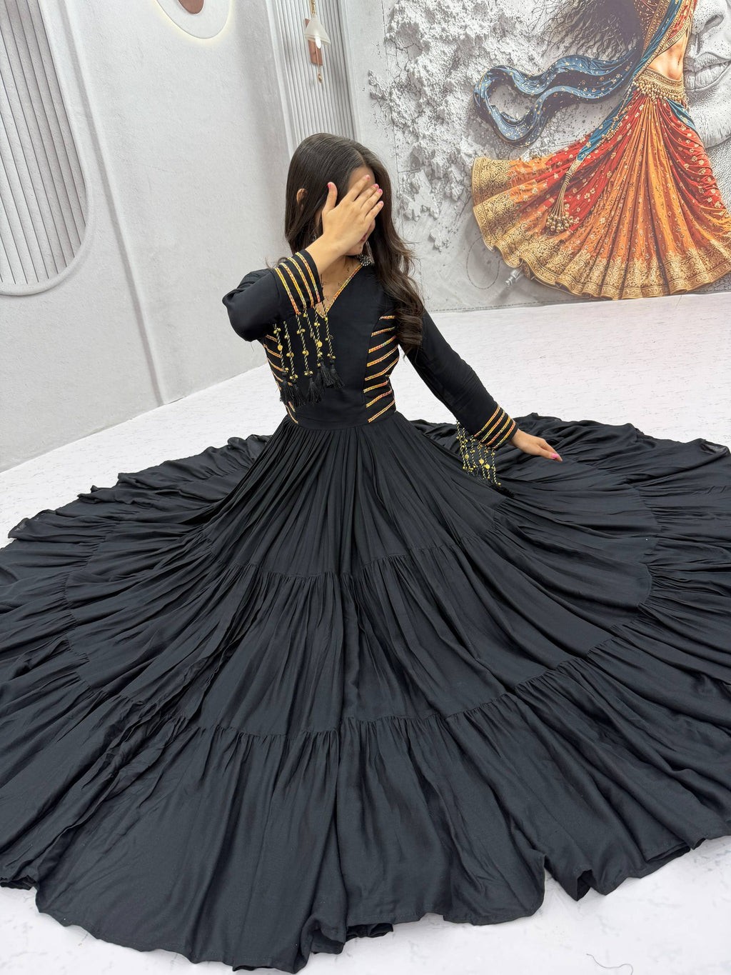 ✨ Black & White Gold Navratri Gown ✨