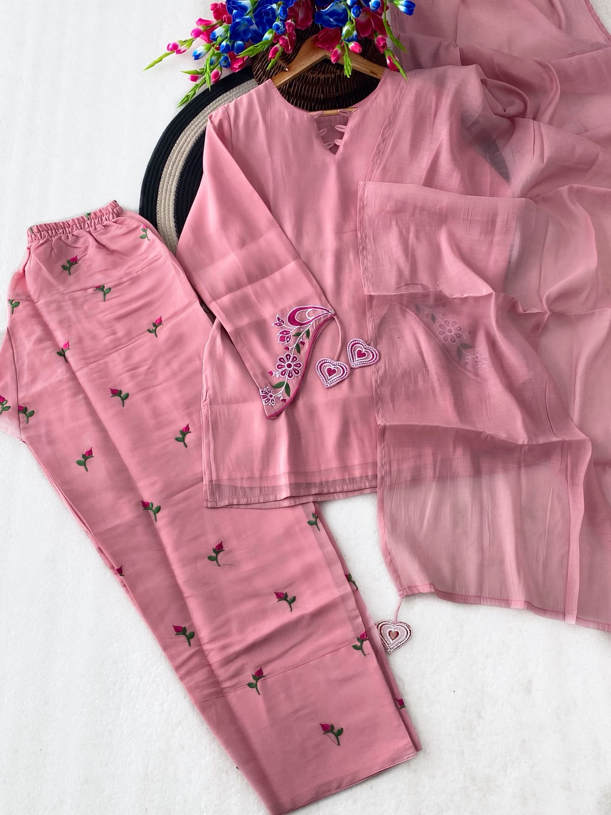 ✨ Pink Suit set with Heart Motif & Tassel Sleeves ✨