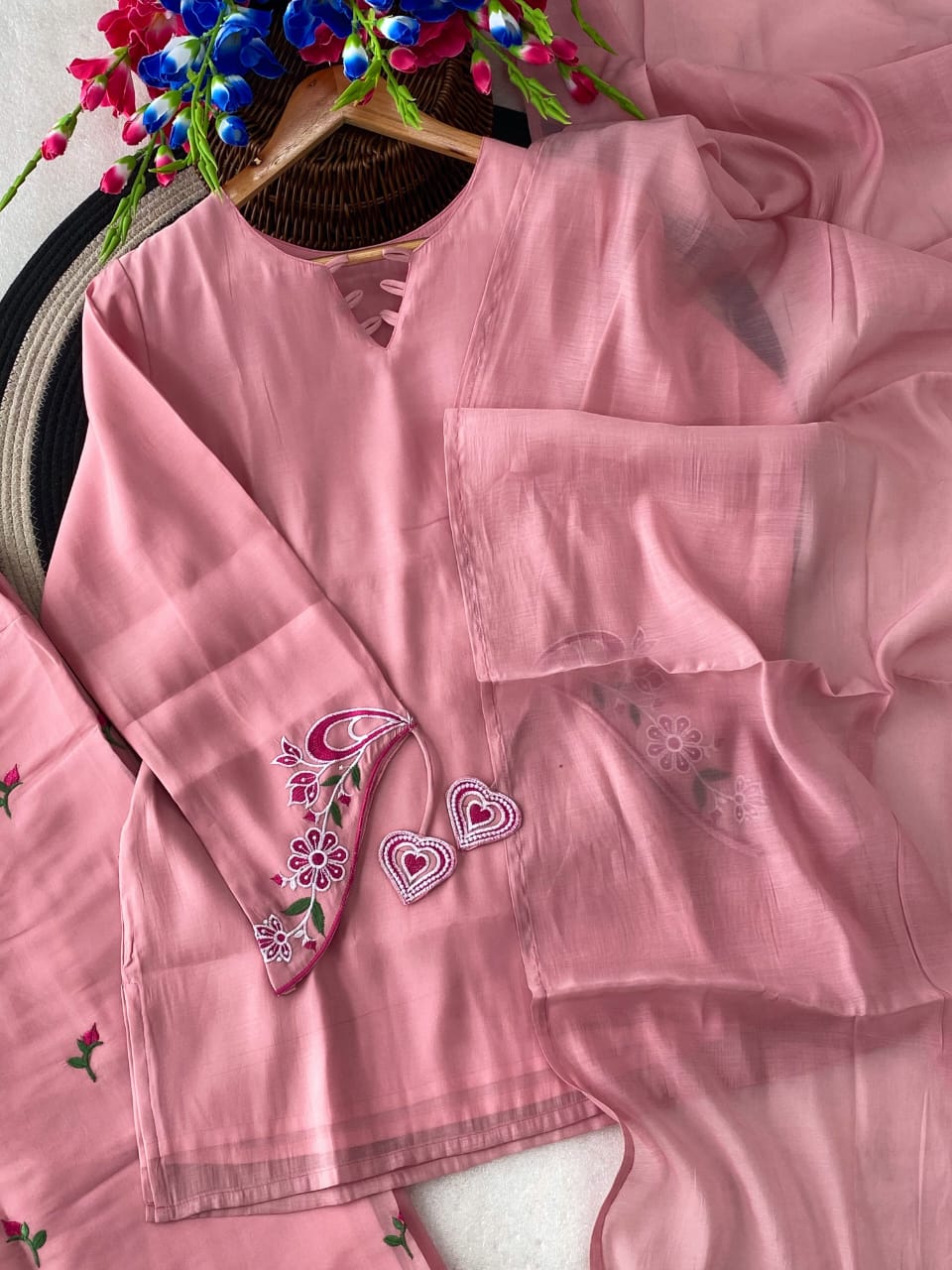 ✨ Pink Suit set with Heart Motif & Tassel Sleeves ✨